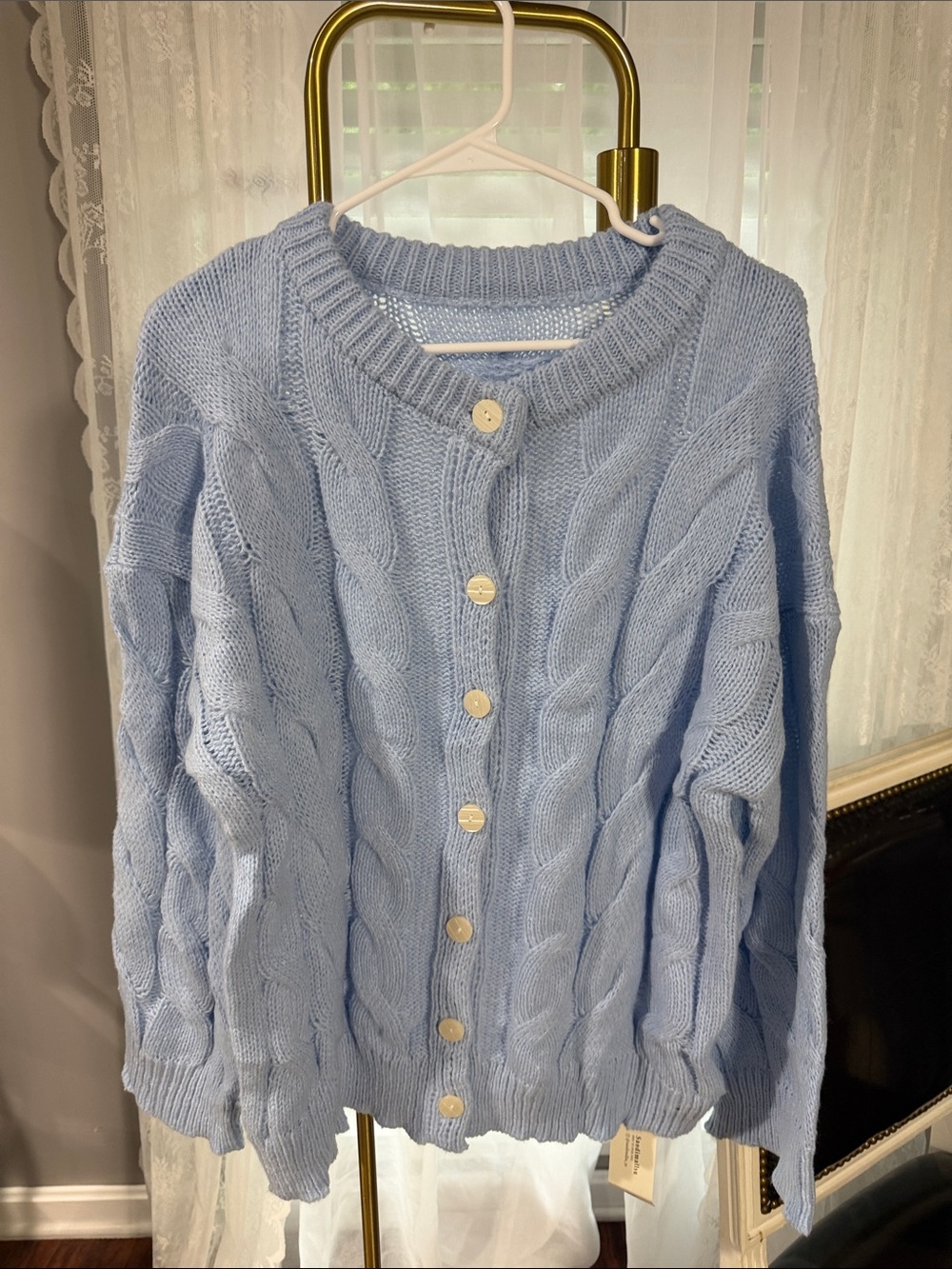 Light Blue Cable-Knit Button Front Cardigan Sweater